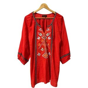 Calessa Women Plus Size 1X Red Black Embroidered Southwest Boho Cowgirl Puffy